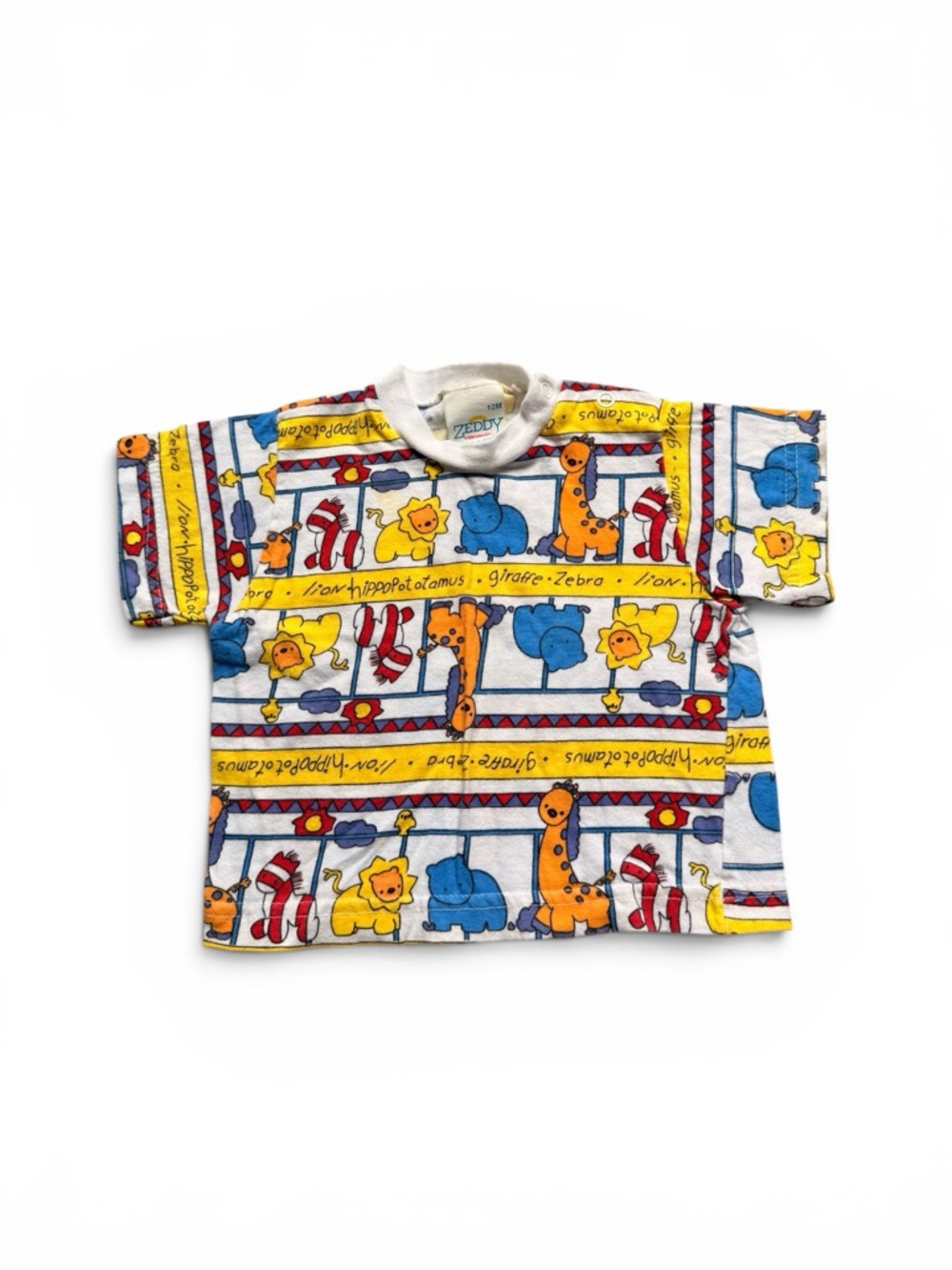Vintage Zeddy Short-Sleeve Animal Print Tee in White, Yellow & Blue